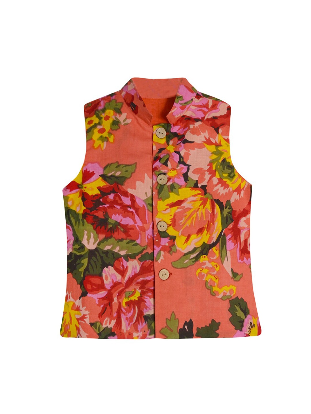 

A.T.U.N. Boys Peach-Coloured & Yellow Floral Printed Pure Cotton Nehru Jacket