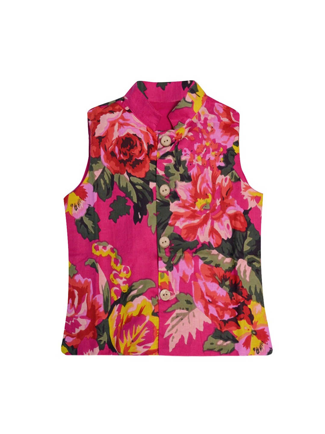 

A.T.U.N. Boys Magenta & Green Floral Printed Pure Cotton Nehru Jacket