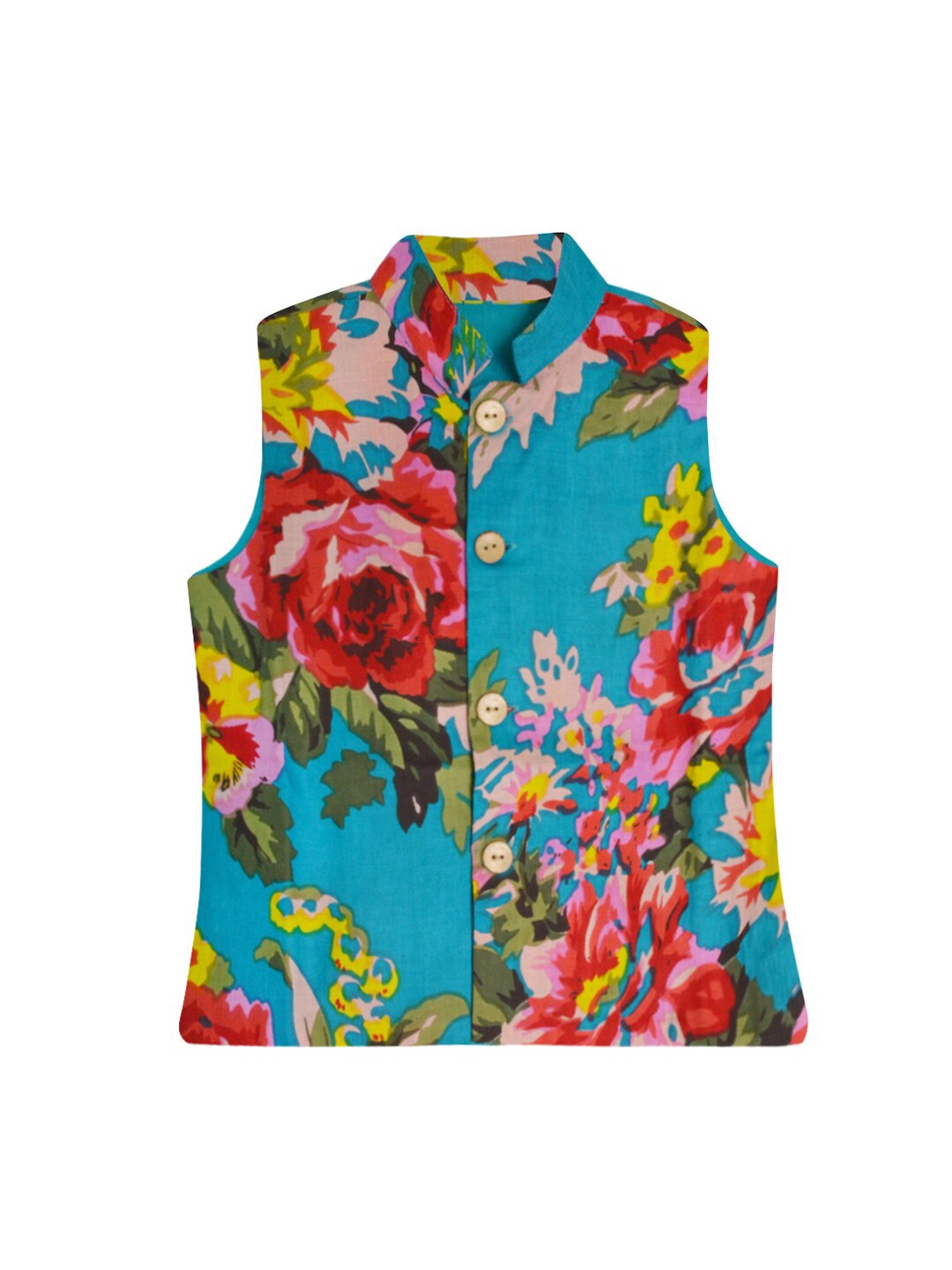 

A.T.U.N. Boys Blue & Red Floral Printed Pure Cotton Nehru Jacket, Teal