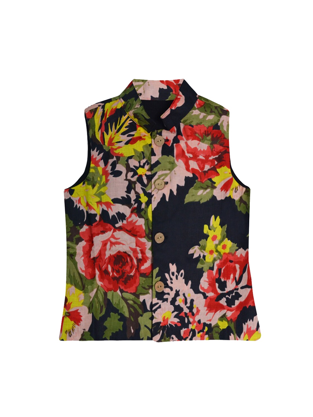 

A.T.U.N. Boys Black & Green Printed Pure Cotton Nehru Jacket