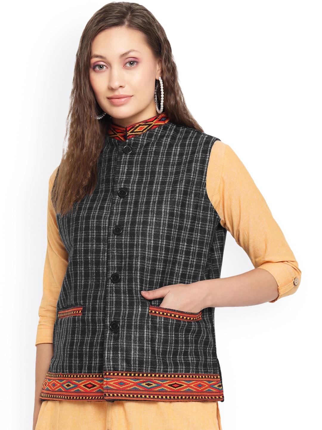 

Vastraa Fusion Women Black Red Checked Tailored Jacket