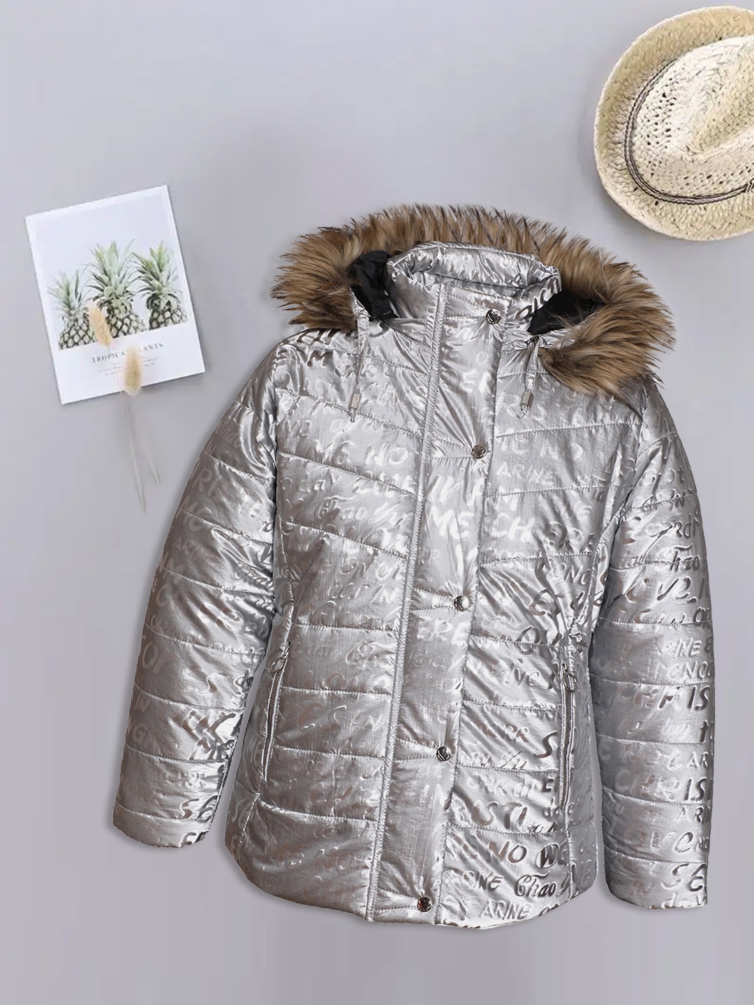

LURE JUNIOR Girls Silver-Toned Typography Parka Jacket