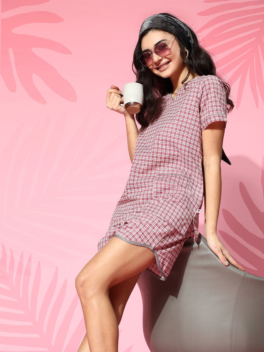 

Bannos Swagger Women Pretty Pink Checked Pure Cotton Bed to Beach PJ Set Night Suit