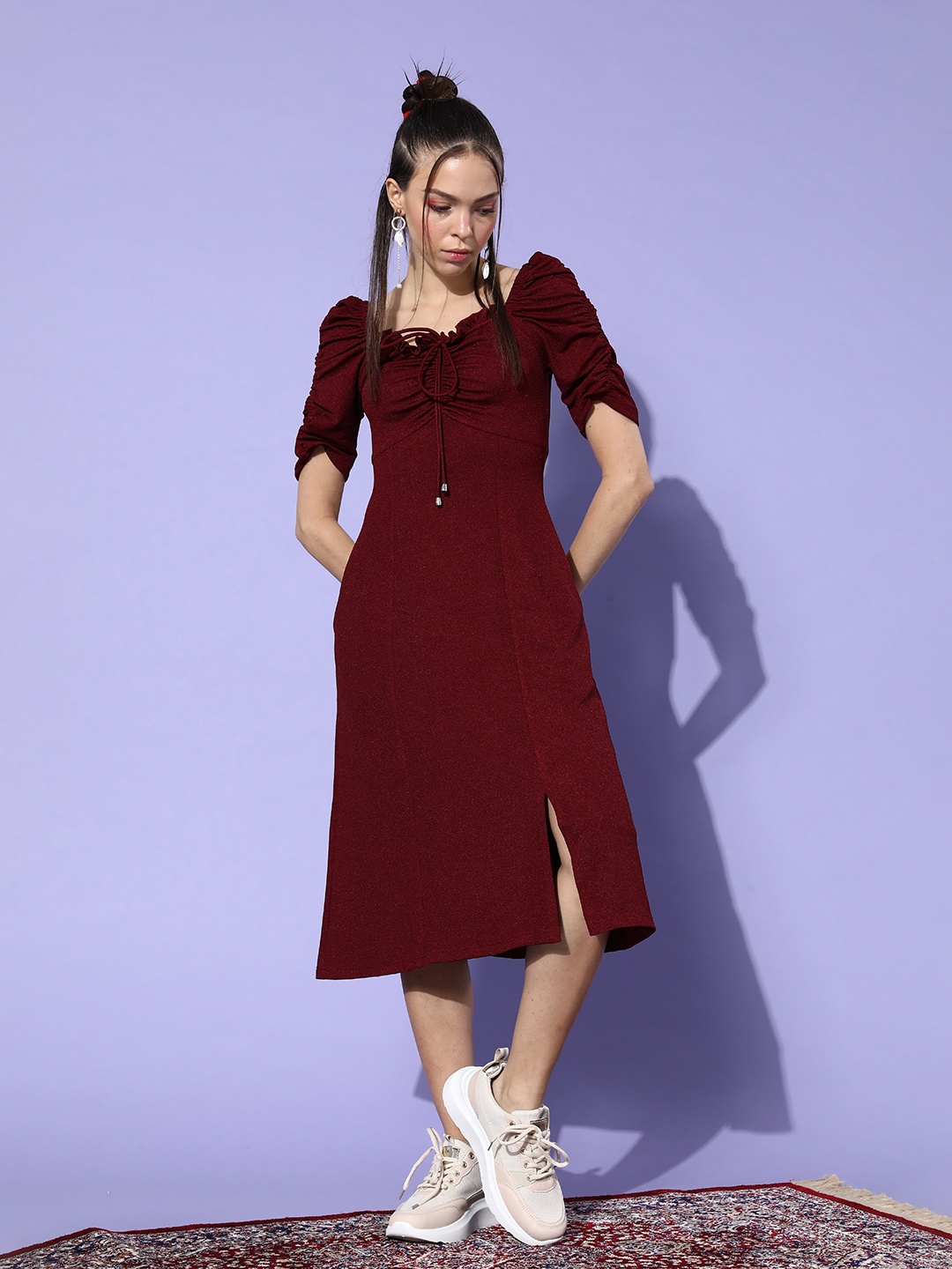 

Miss Chase Women Charming Maroon Solid Ruched Dress
