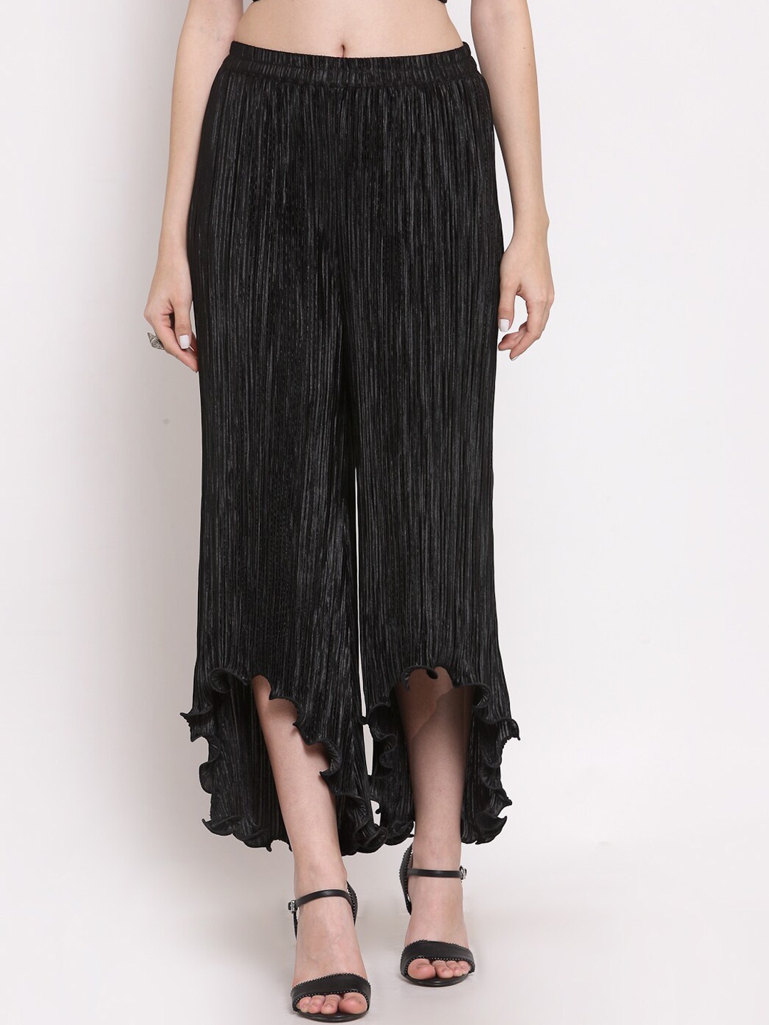 

LELA Women Black Textured Flared Trousers