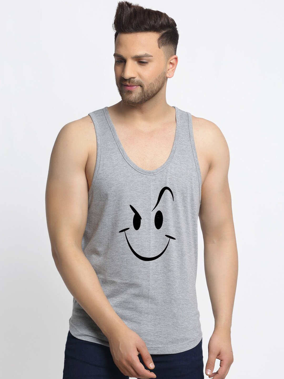 

Friskers Men Grey Smily Apple Cut Sleeveless Cotton Gym Vest
