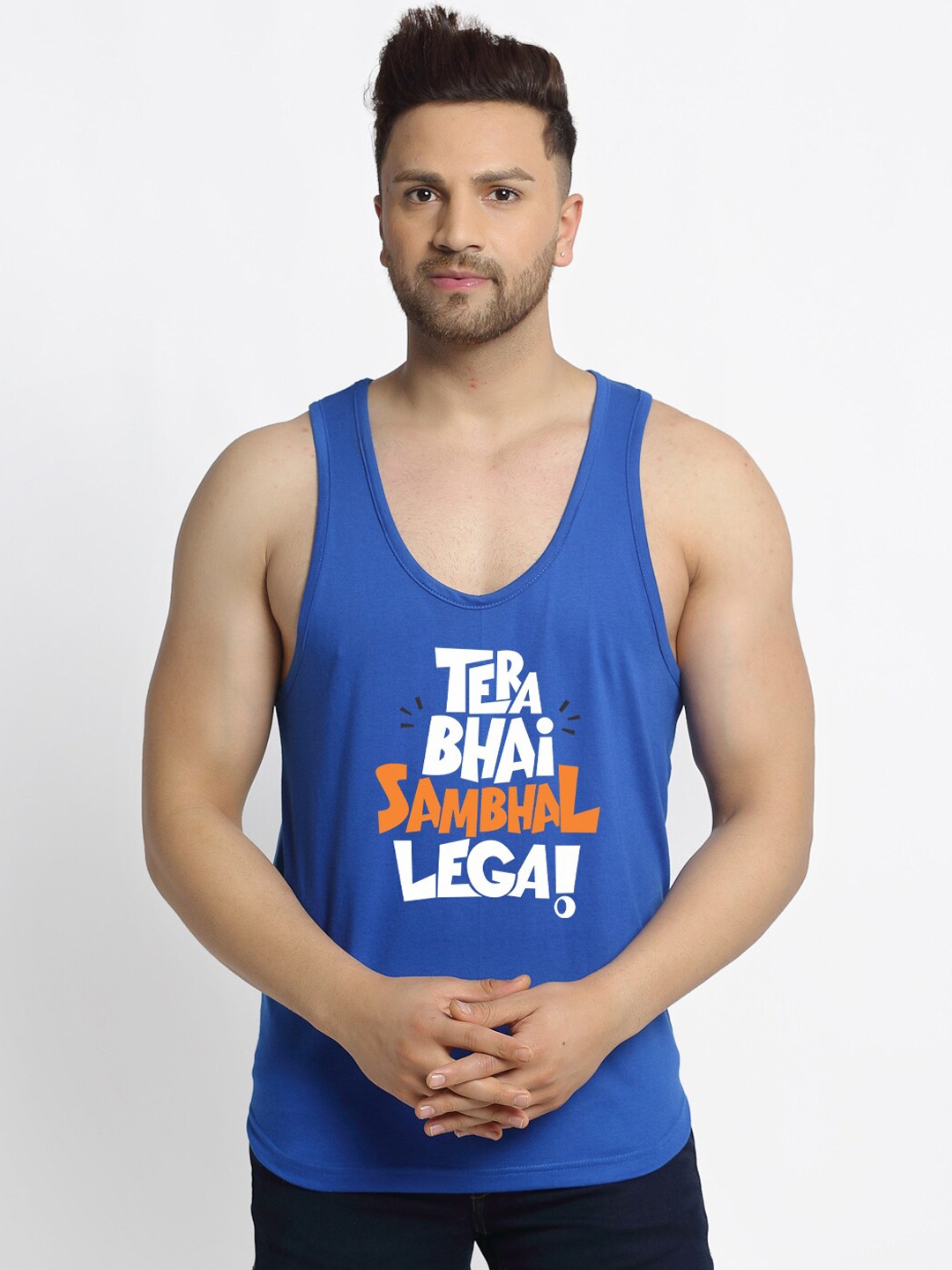 

Friskers Men Blue Printed Pure Cotton Gym Vest