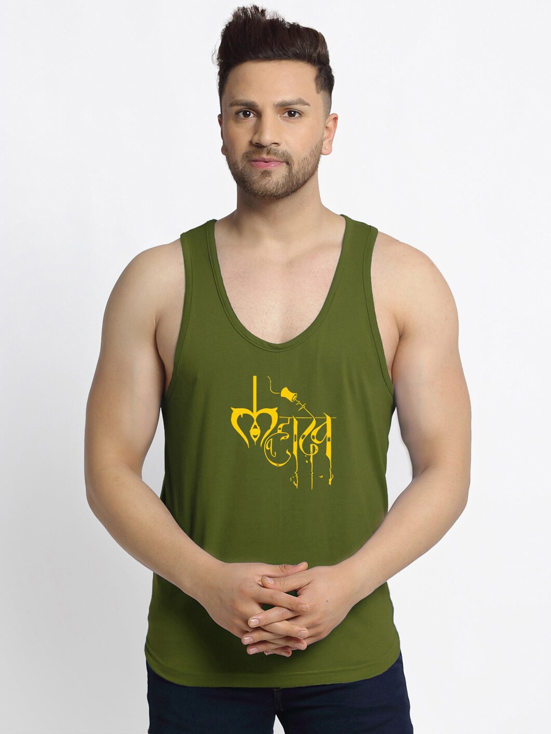 

Friskers Men Olive Printed Pure Cotton Innerwear Vests