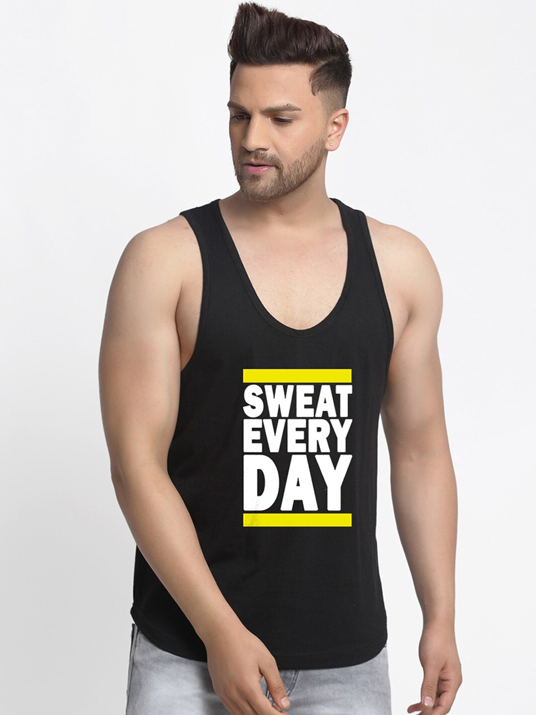 

Friskers Men Black & White Printed Pure Cotton Gym Vest