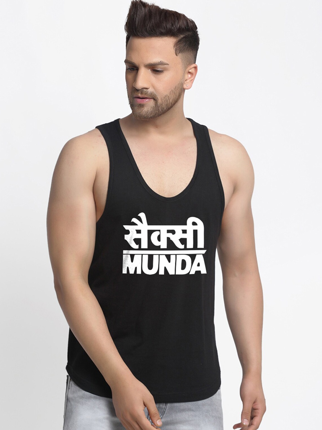 

Friskers Men Black Printed Pure Cotton Gym Vest