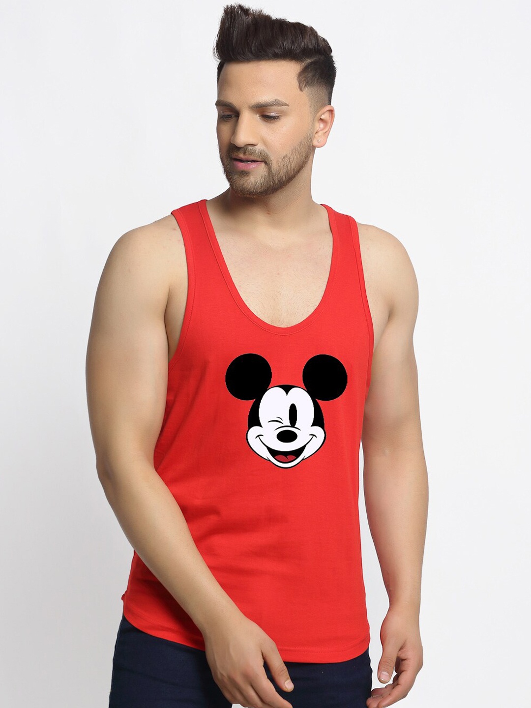 

Friskers Men Pure Cotton Red Micky Mouse Apple Cut Sleeveless Gym Vest