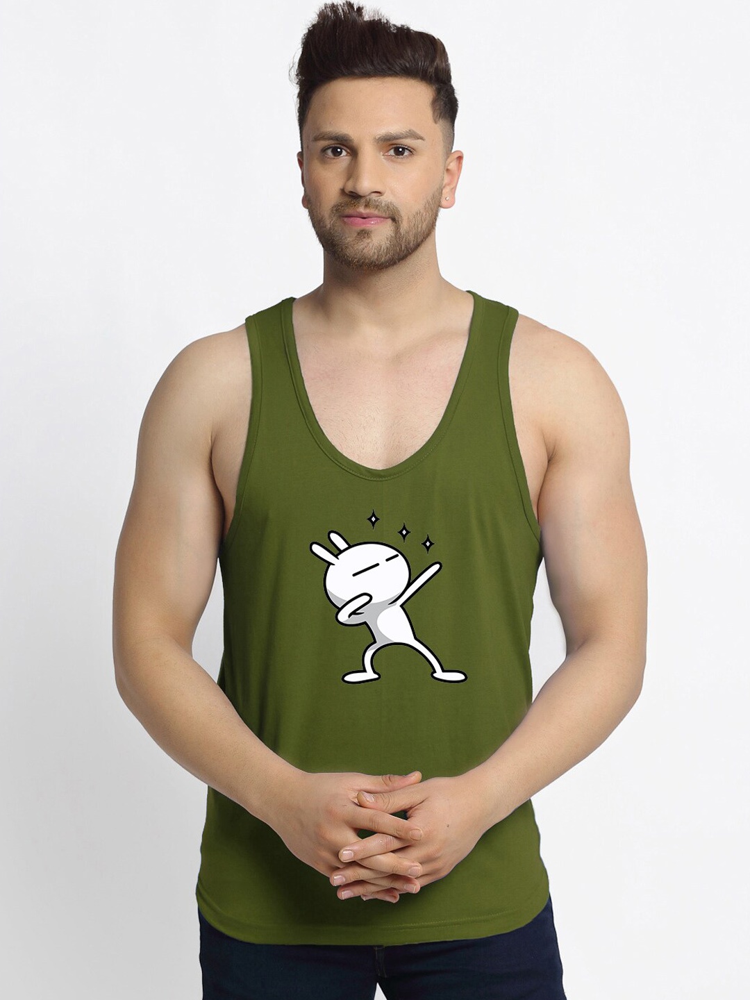 

Friskers Men Olive Printed Pure Cotton Innerwear Vests