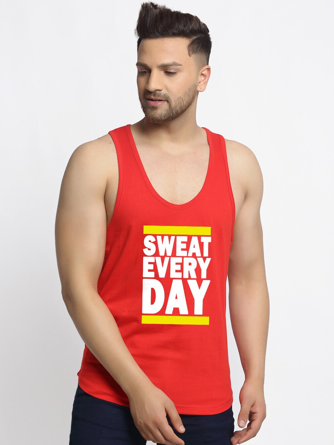 

Friskers Men Red Printed Pure Cotton Gym Vest