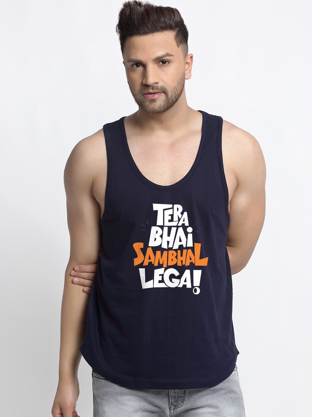 

Friskers Men Navy Blue Printed Pure Cotton Gym Vest