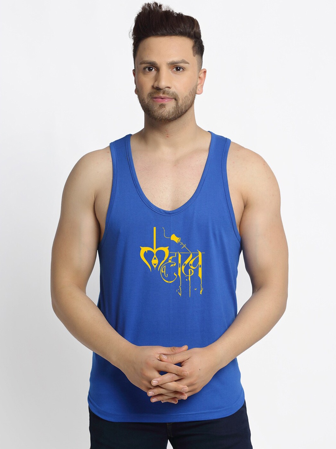 

Friskers Men Blue & Yellow Printed Pure Cotton Gym Vest