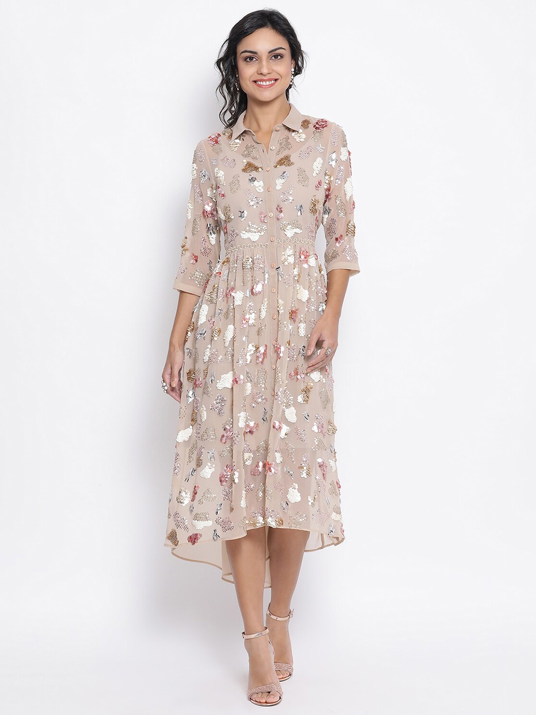 

LELA Women Beige Embellished Fit & Flare Dress