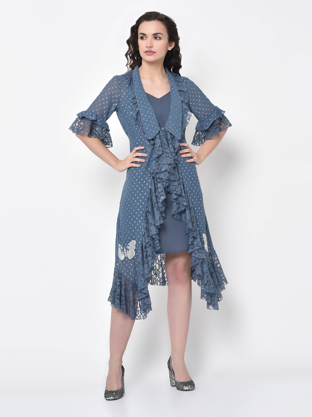 

LELA Self Design Above the Keyboard Collar Ruffles Embroidered A-Line Midi Party Dress, Blue