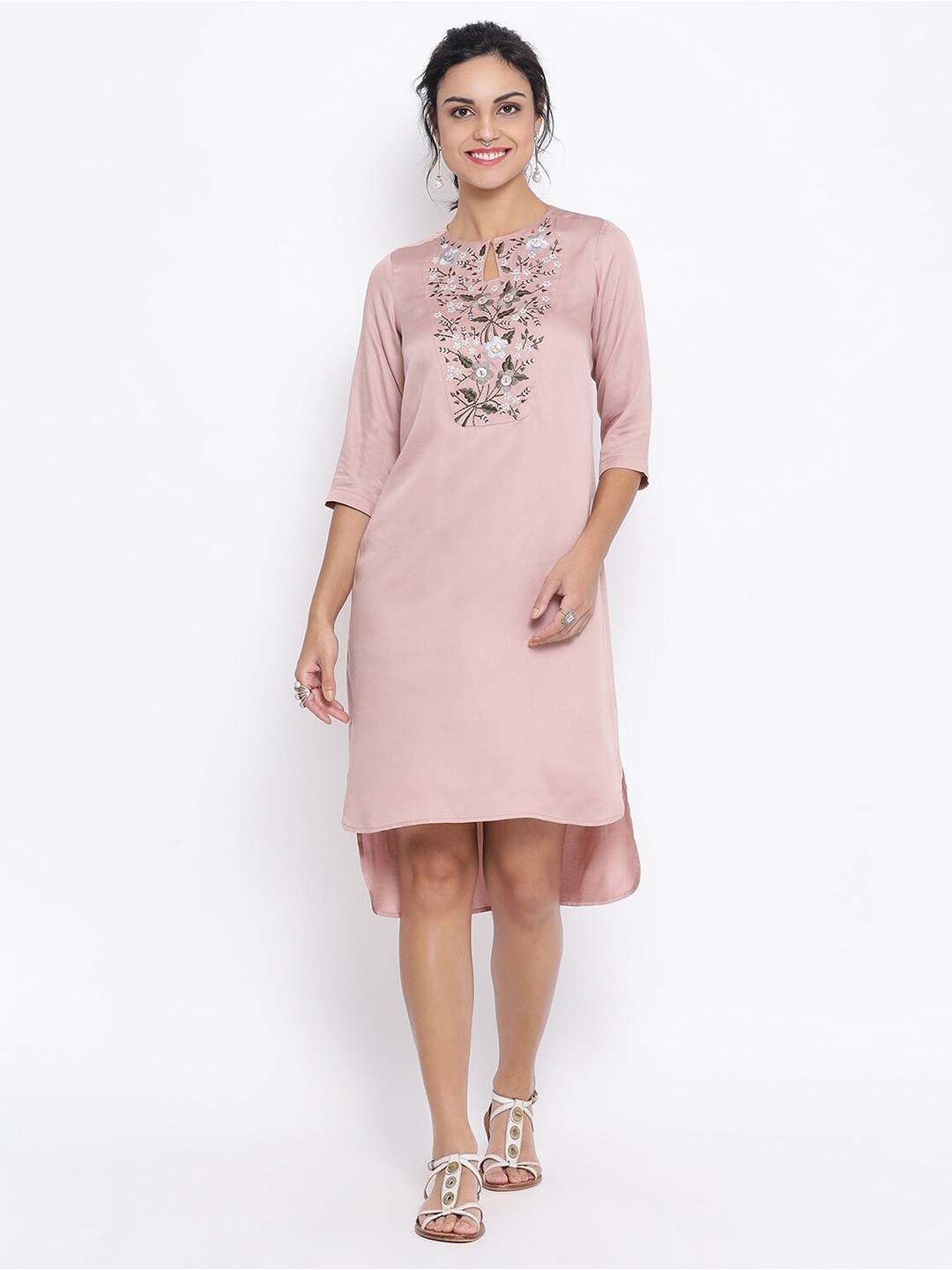 

LELA Pink & Grey Floral Embroidered A-Line Dress