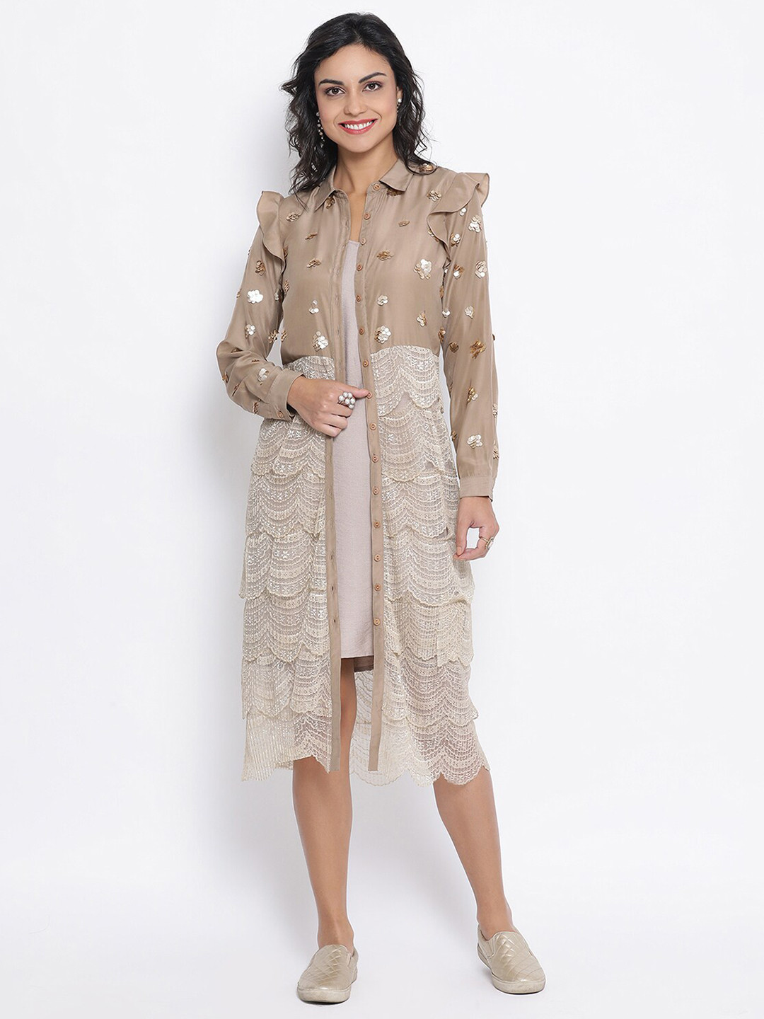 

LELA Beige & Gold-Toned Sequined Shirt Collar Tunic