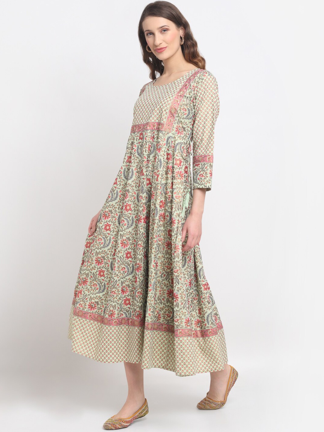 

SOUNDARYA Olive Green Floral Ethnic A-Line Midi Dress