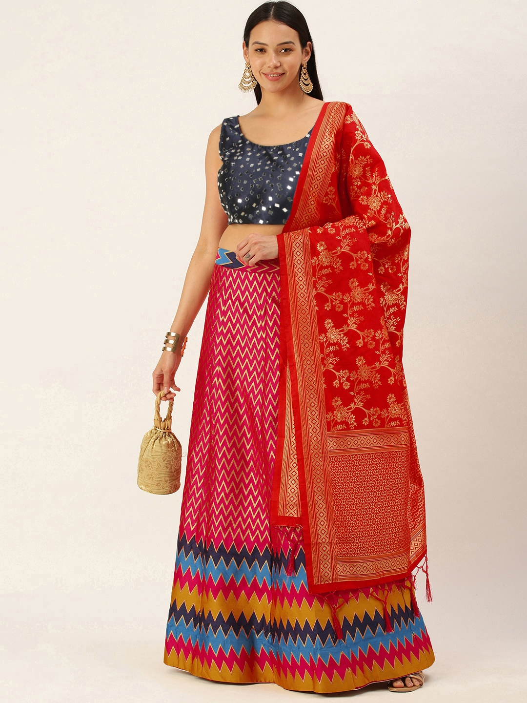 

Mameraa Pink & Navy Blue Embellished Semi-Stitched Lehenga & Ready to Wear Blouse With Dupatta