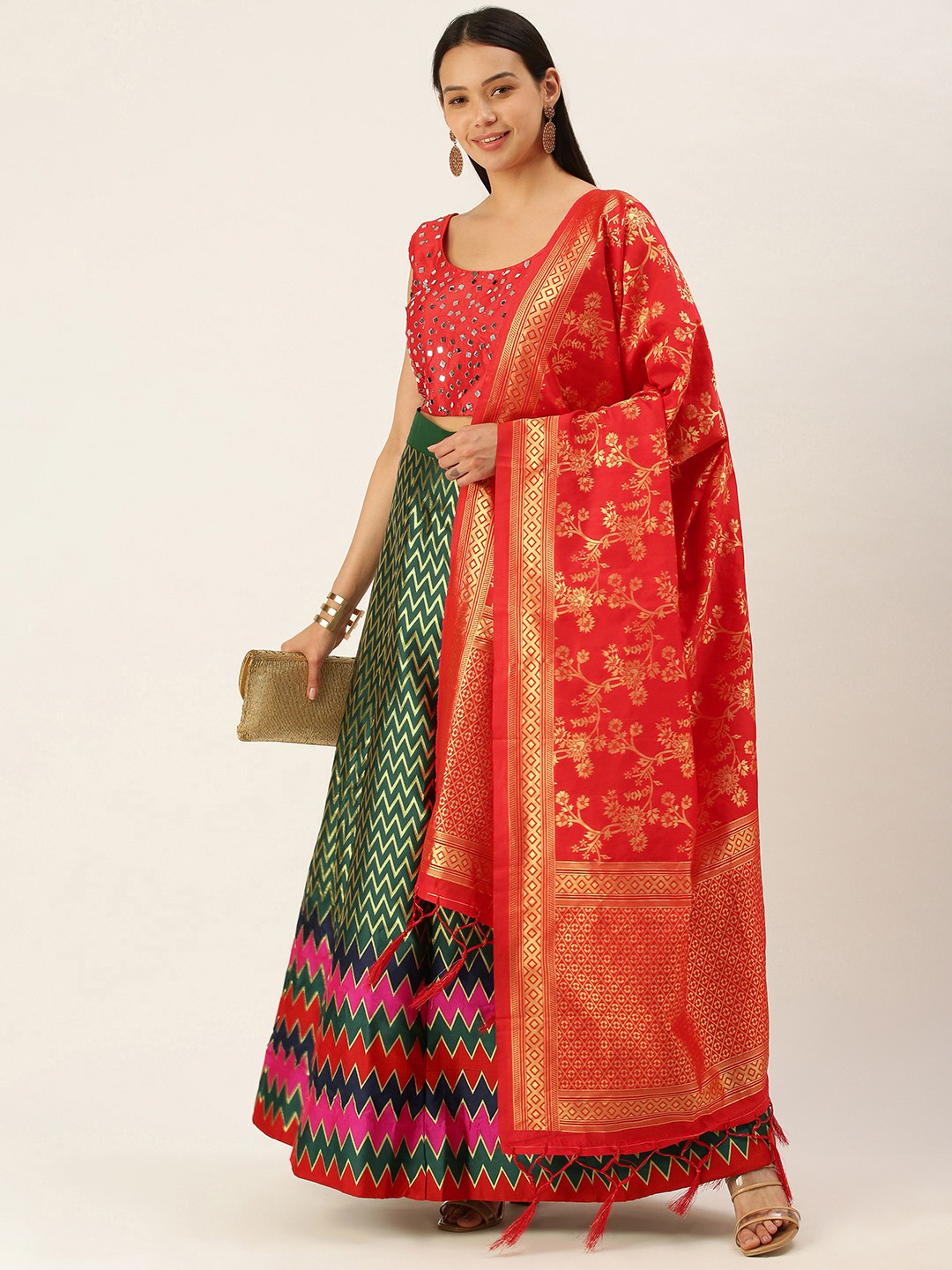 

Mameraa Green & Red Embellished Semi-Stitched Lehenga & Ready to Wear Blouse With Dupatta