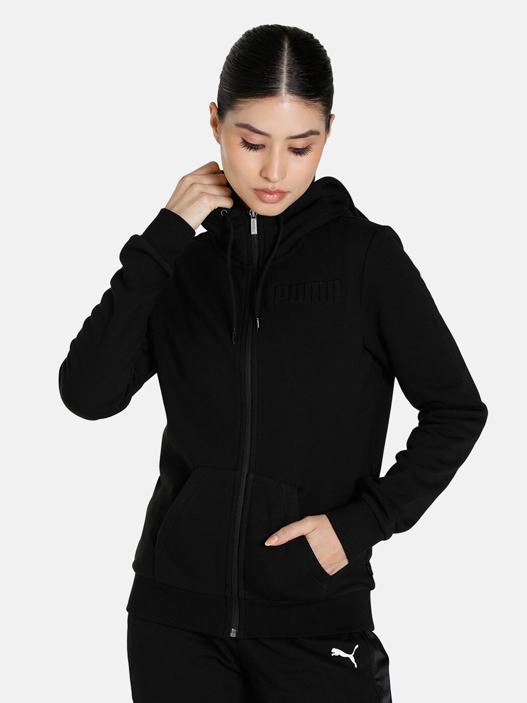 

Puma Women Black Cotton Hooded Modern Basics Full-Zip Sweatshirt