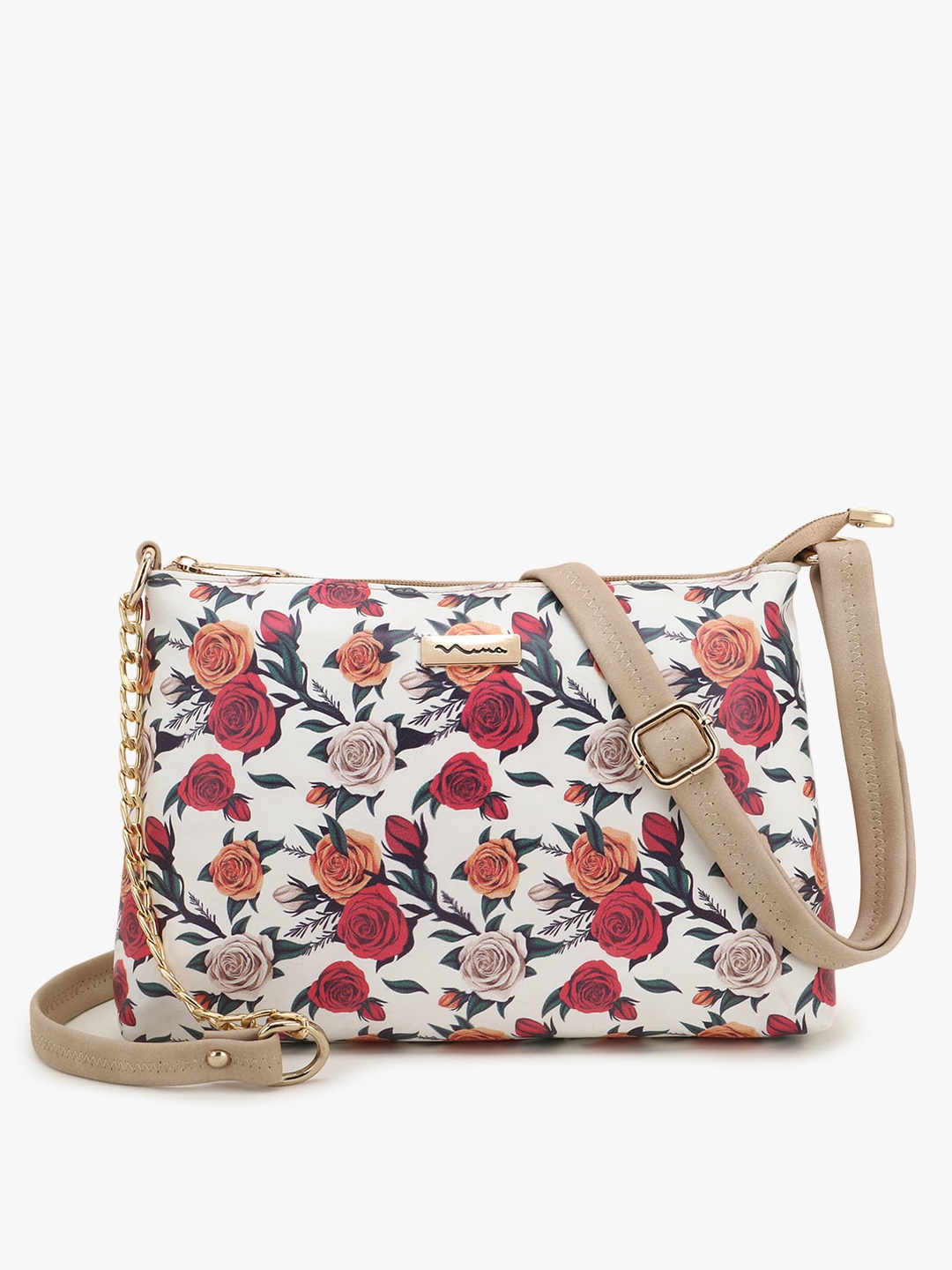 

SHINING STAR Cream-Coloured Floral Printed PU Structured Sling Bag