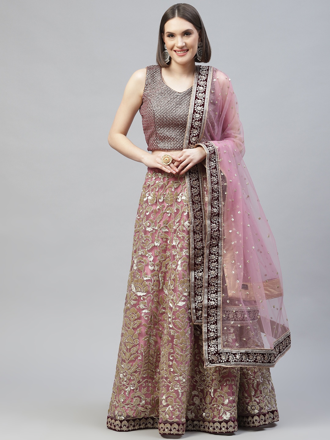 Readiprint Fashions Pink & Burgundy Embroidered Semi-Stitched Lehenga & Unstitched Blouse