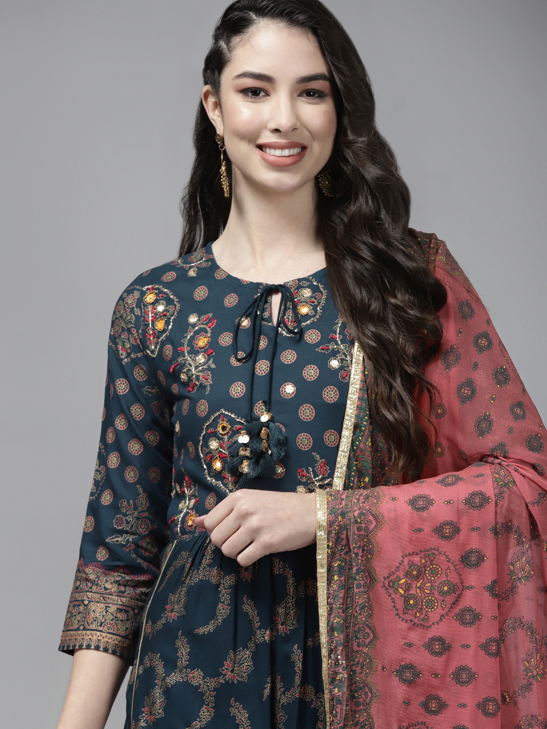 

Indo Era Women Teal Ethnic Motifs Embroidered Beads and Stones Kurta Set With Dupatta