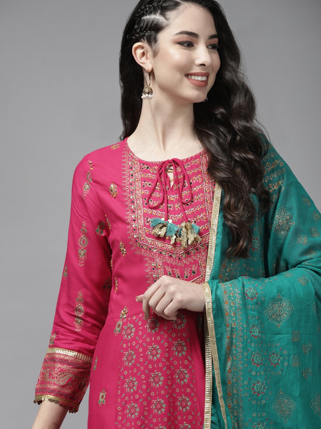 

Indo Era Women Pink Ethnic Motifs Embroidered Kurta Set With Dupatta