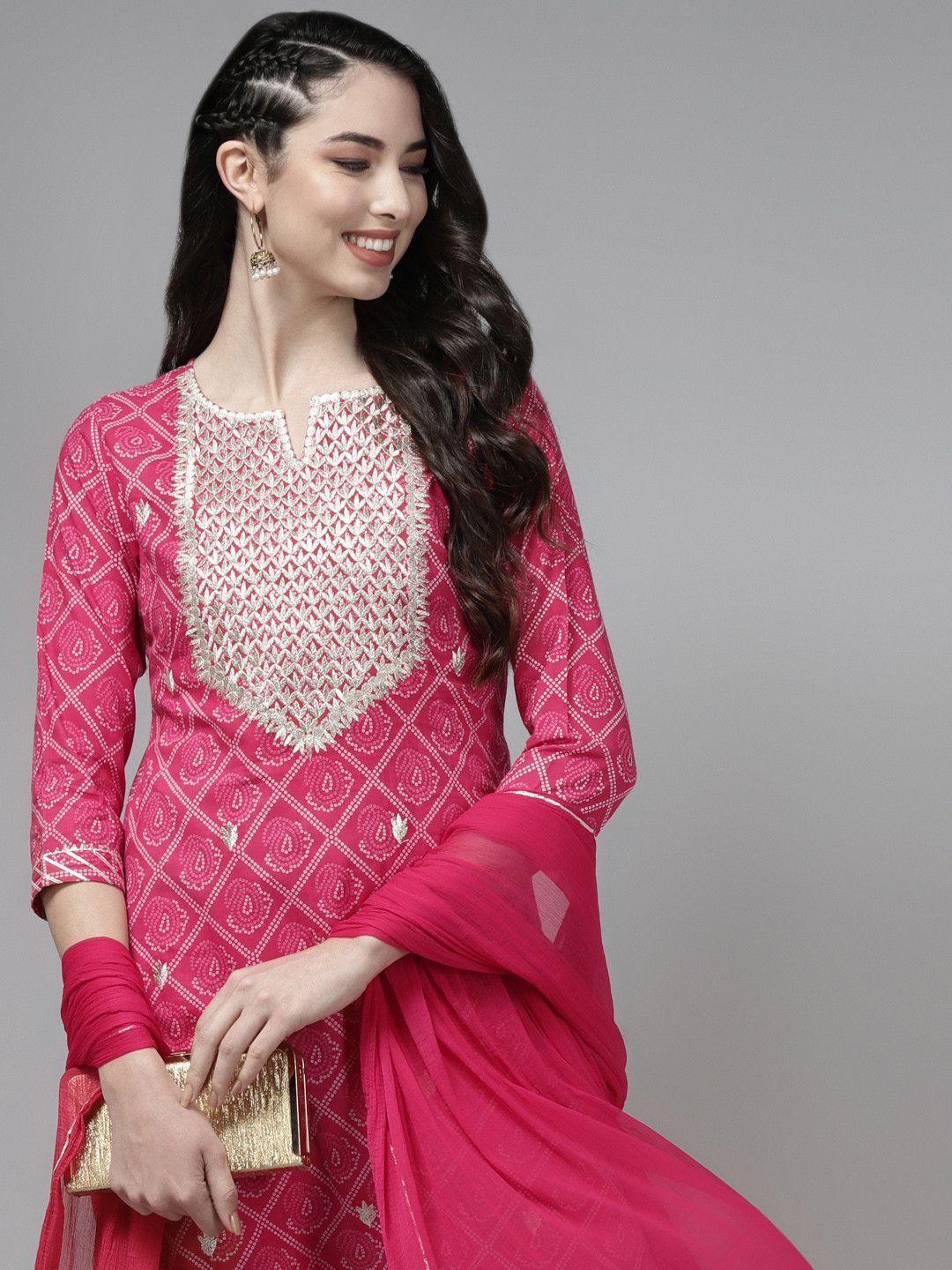 

Indo Era Women Pink Bandhani Print Embroidered Kurta Set With Dupatta