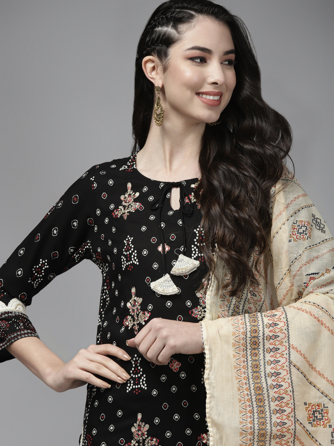

Indo Era Women Black Ethnic Motifs Embroidered Zardozi Kurta Set With Dupatta