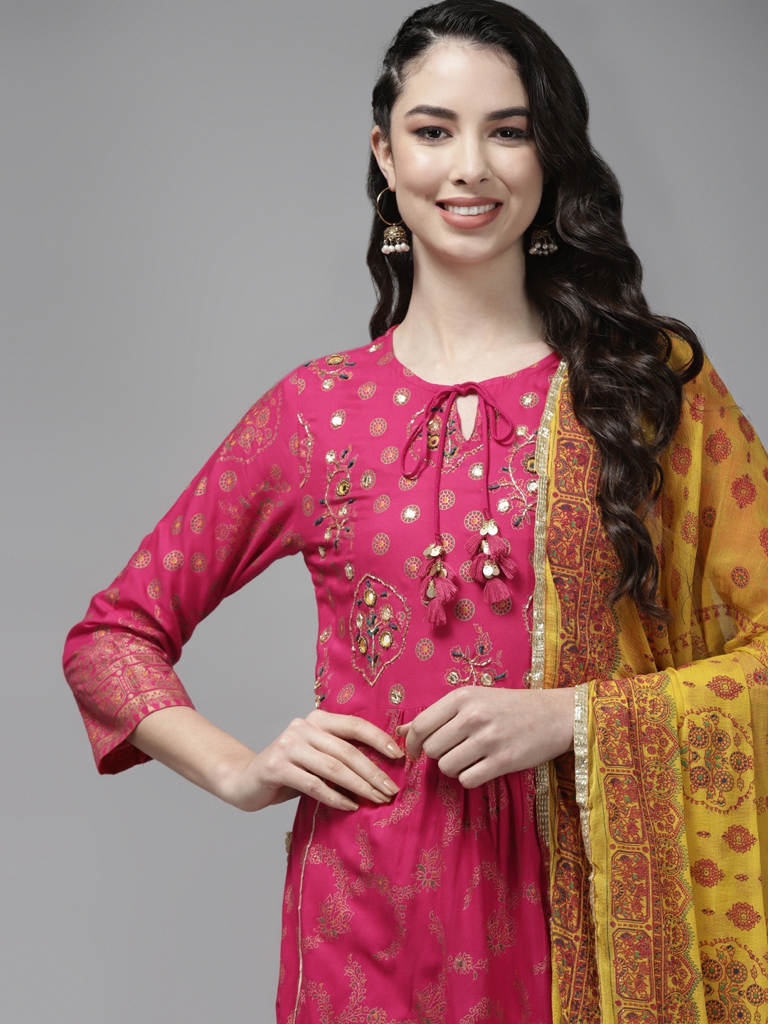 

Indo Era Women Pink Ethnic Motifs Embroidered Mirror Work Kurta Set With Dupatta