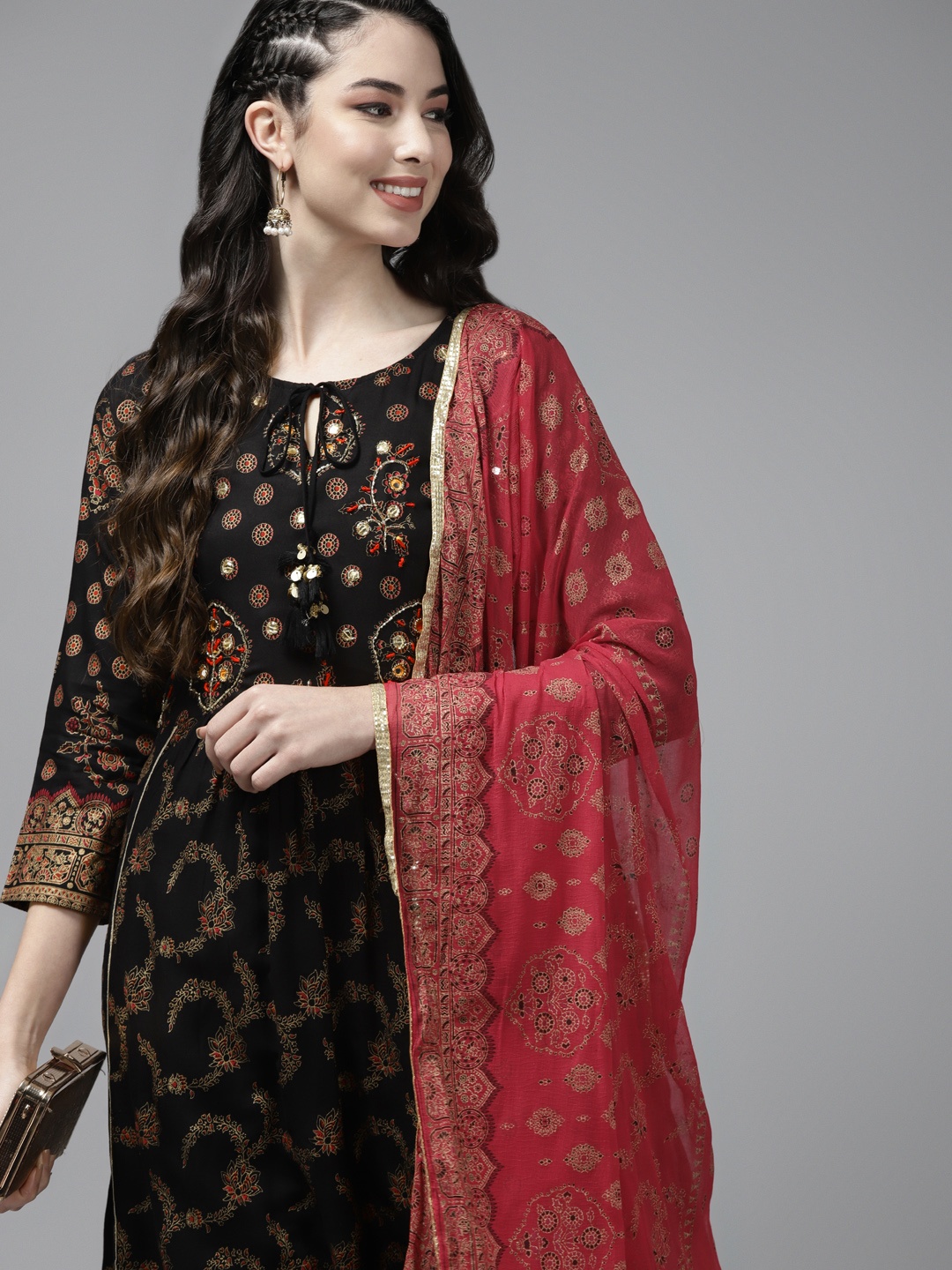 

Indo Era Women Black Ethnic Motifs Embroidered Beads and Stones Kurta Set With Dupatta