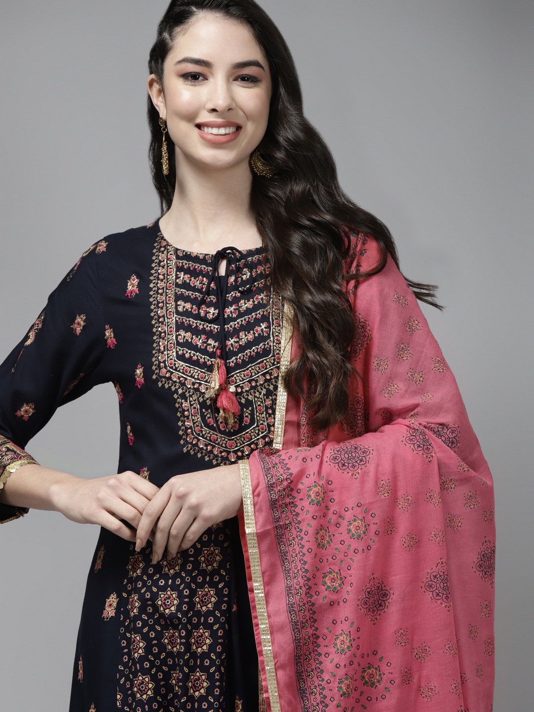 

Indo Era Women Navy Blue Ethnic Motifs Embroidered Kurta Set With Dupatta