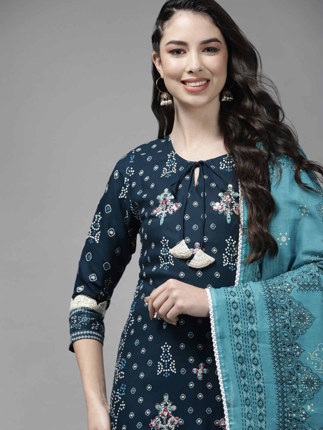

Indo Era Women Teal Blue Ethnic Motifs Embroidered Zardozi Kurta Set With Dupatta