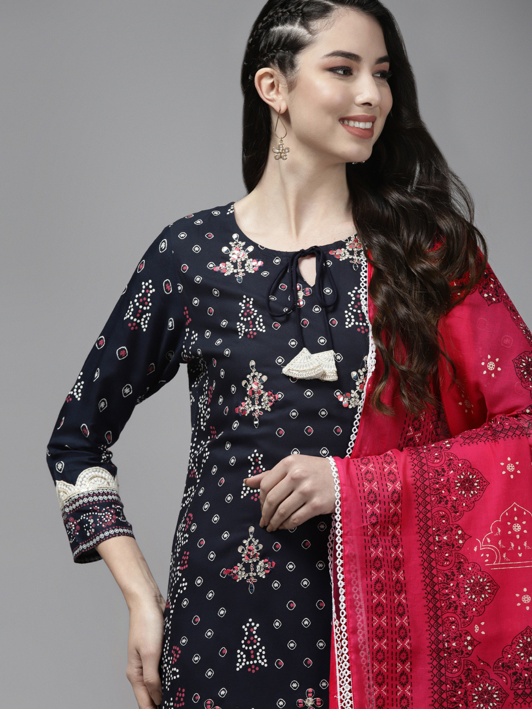

Indo Era Women Navy Blue Ethnic Motifs Embroidered Zardozi Kurta Set With Dupatta
