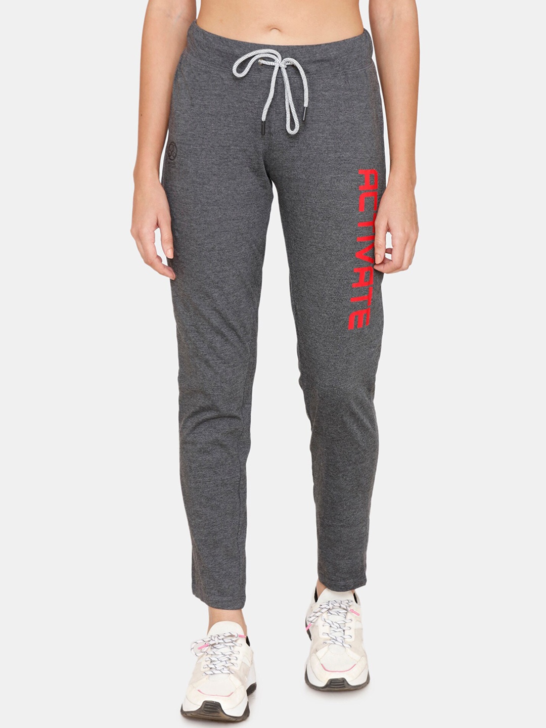 

Rosaline by Zivame Women Grey & Red Typography Printed Straight-Fit Track Pant