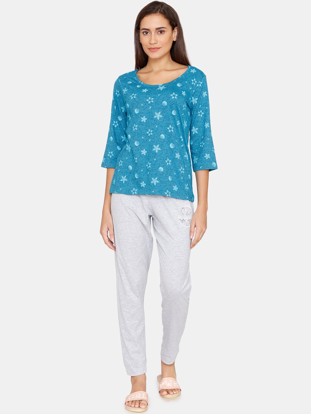 

Rosaline by Zivame Women Blue & Grey Abstract Printed Night Suit
