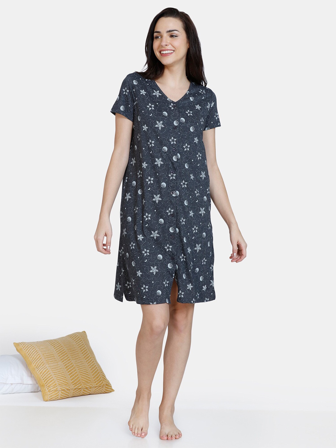 

Rosaline by Zivame Black Printed Short Sleeves Nightdress