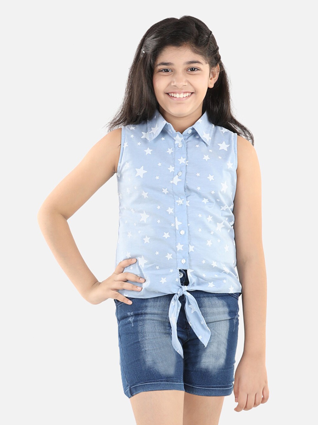 

StyleStone Girls Blue Printed Pure Cotton Shirt with Shorts
