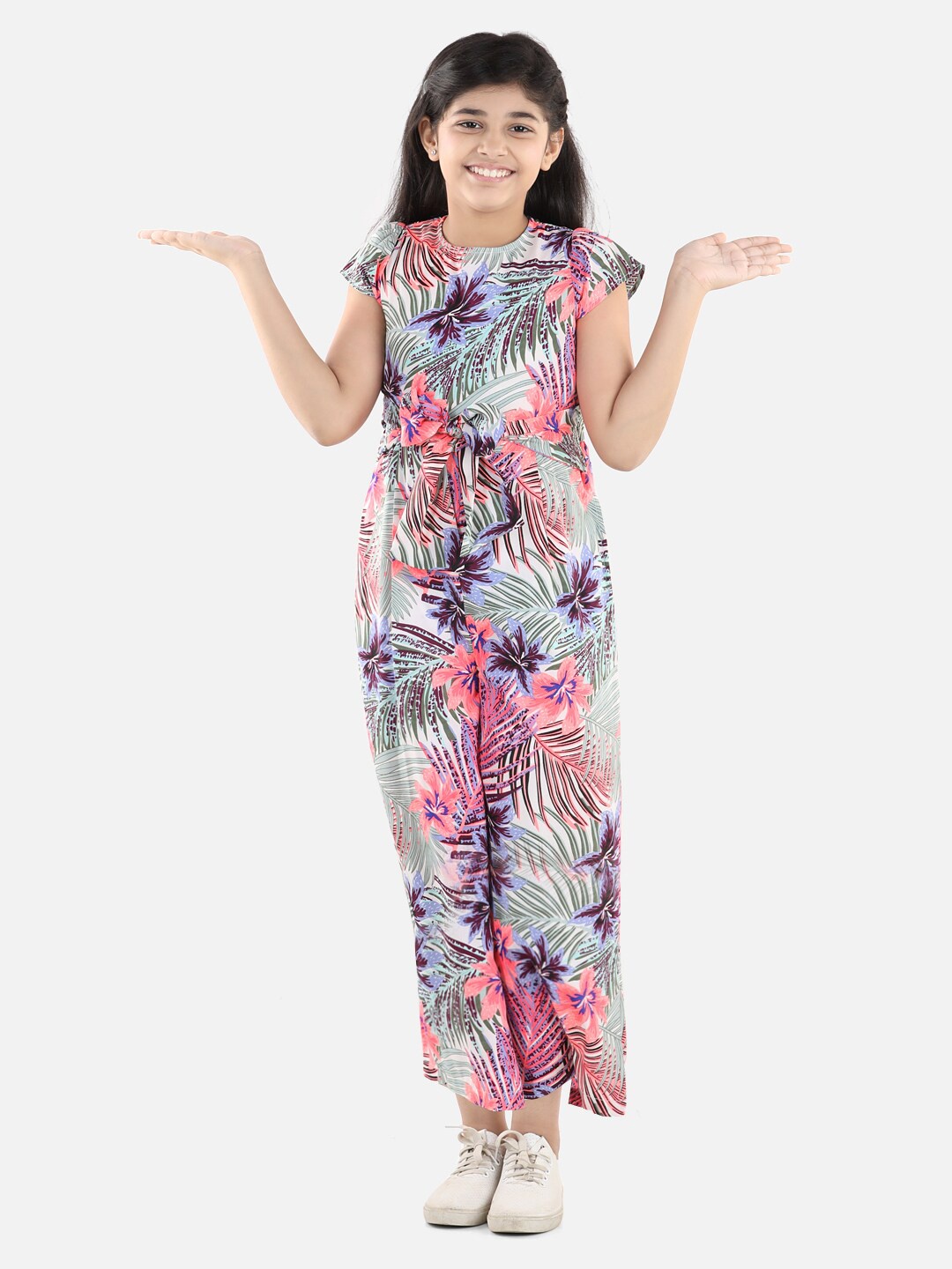 

StyleStone Girls White & Pink Printed Basic Jumpsuit