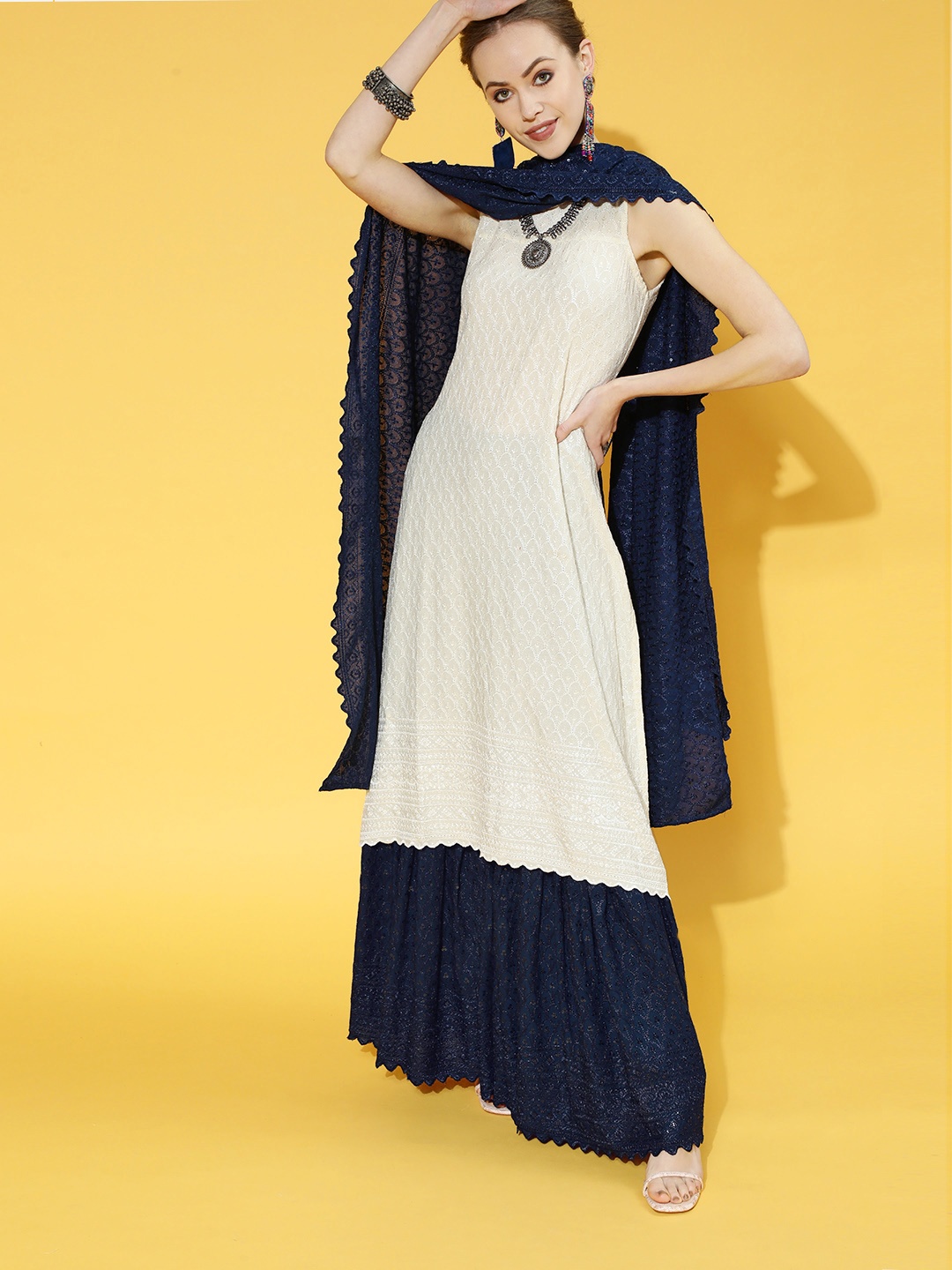 

InWeave Cream Viscose Rayon Short Kurti with Sharara