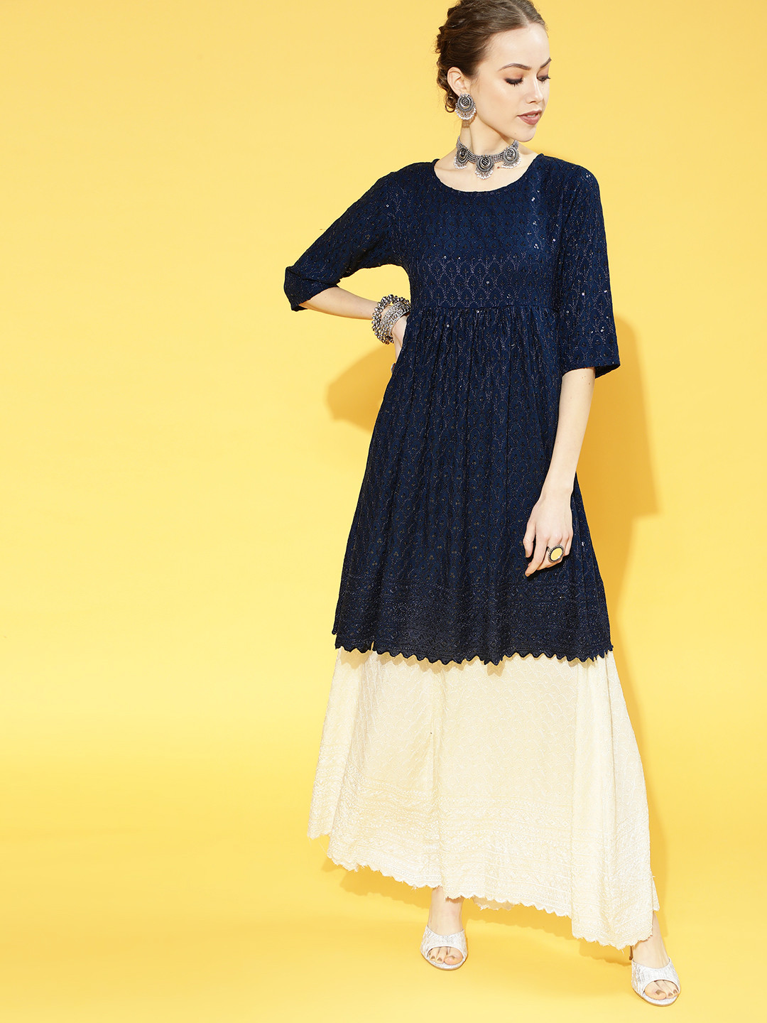 

InWeave Women Blue Embroidered Pleated Kurta with Skirt