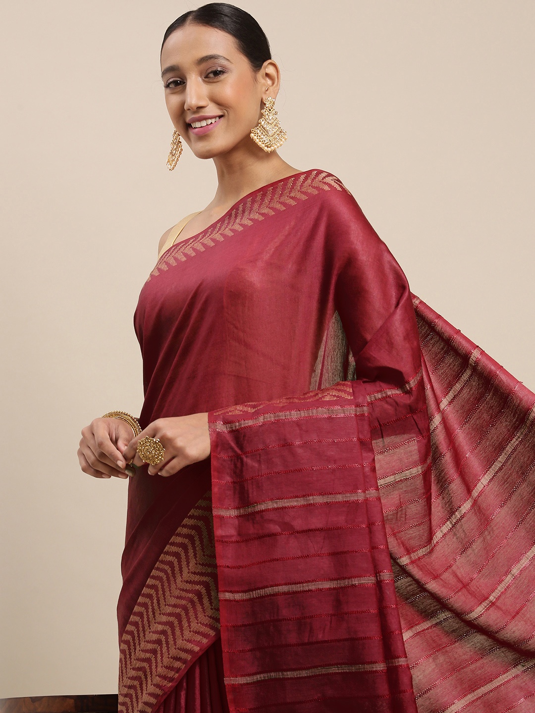 

aamna Women Maroon & Golden Silk Cotton Bhagalpuri Saree