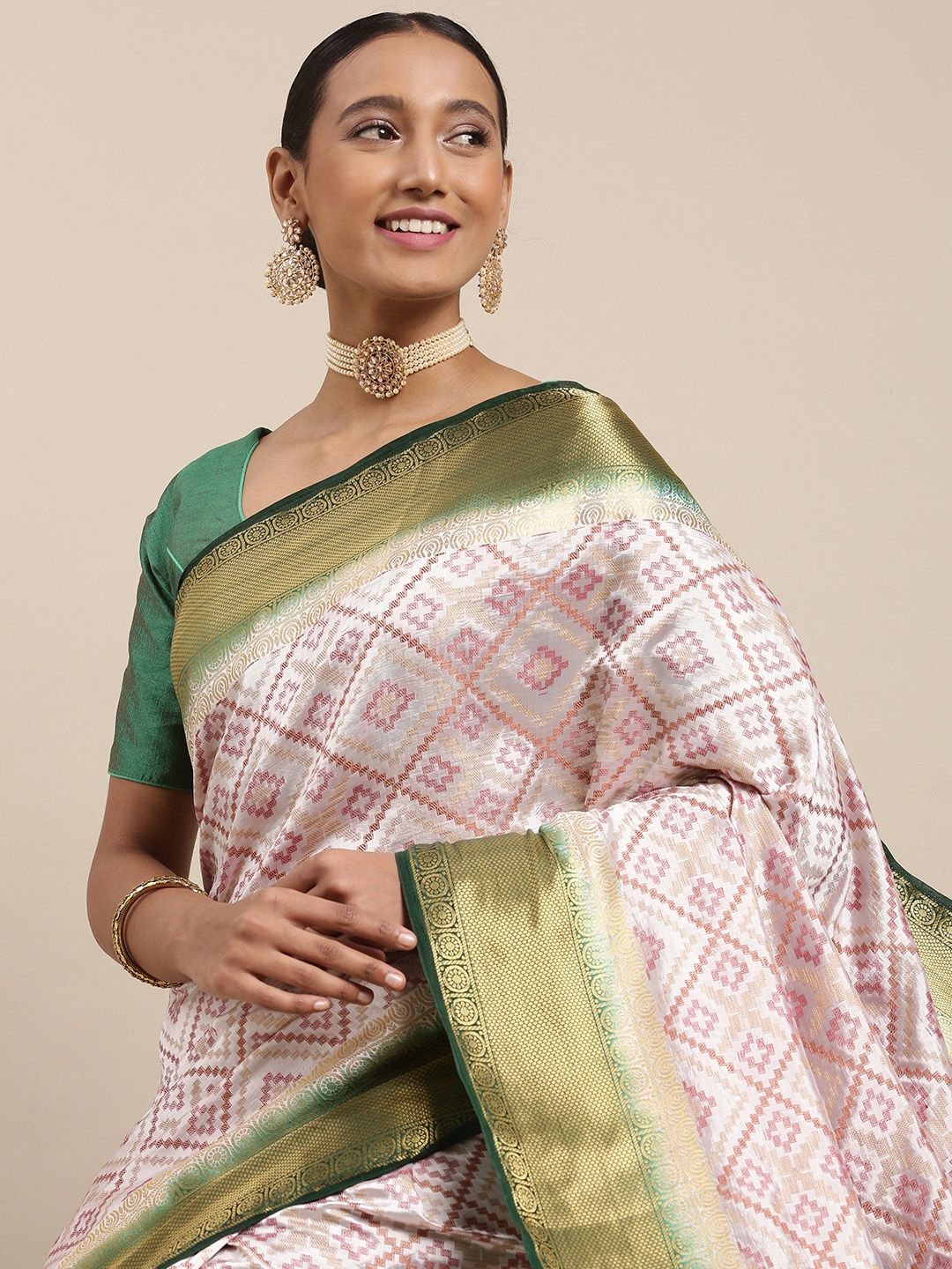 

aamna White & Green Geometric Design Mysore Silk Saree