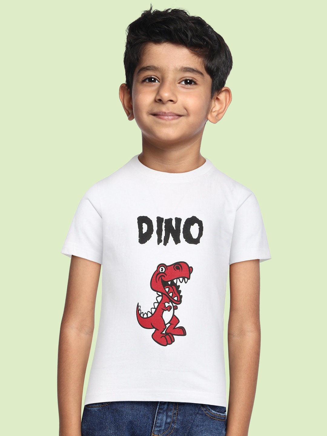 

BRATMA Kids White & Red Dinosaur Printed Cotton T-shirt