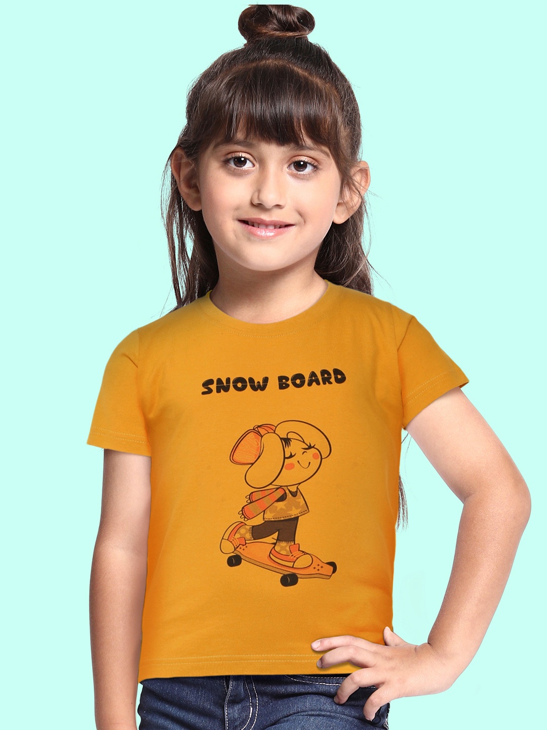 

BRATMA Kids Mustard Yellow & Black Printed Cotton T-shirt