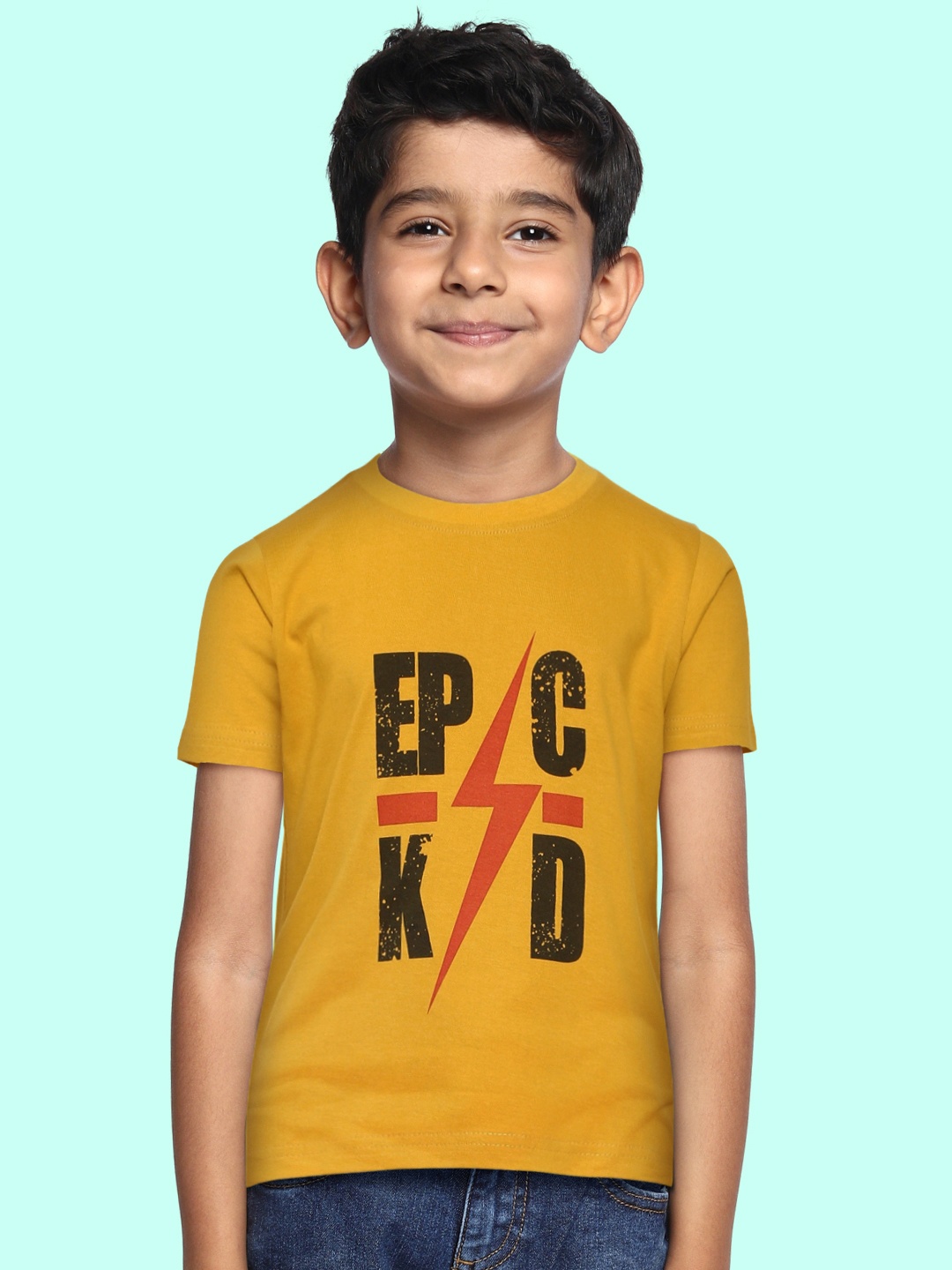 

BRATMA Kids Mustard Yellow & Black Pure Cotton Typography Printed T-shirt